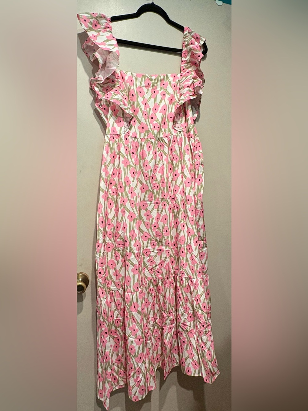 Pink Floral Ruffle-Shoulder Maxi Dress